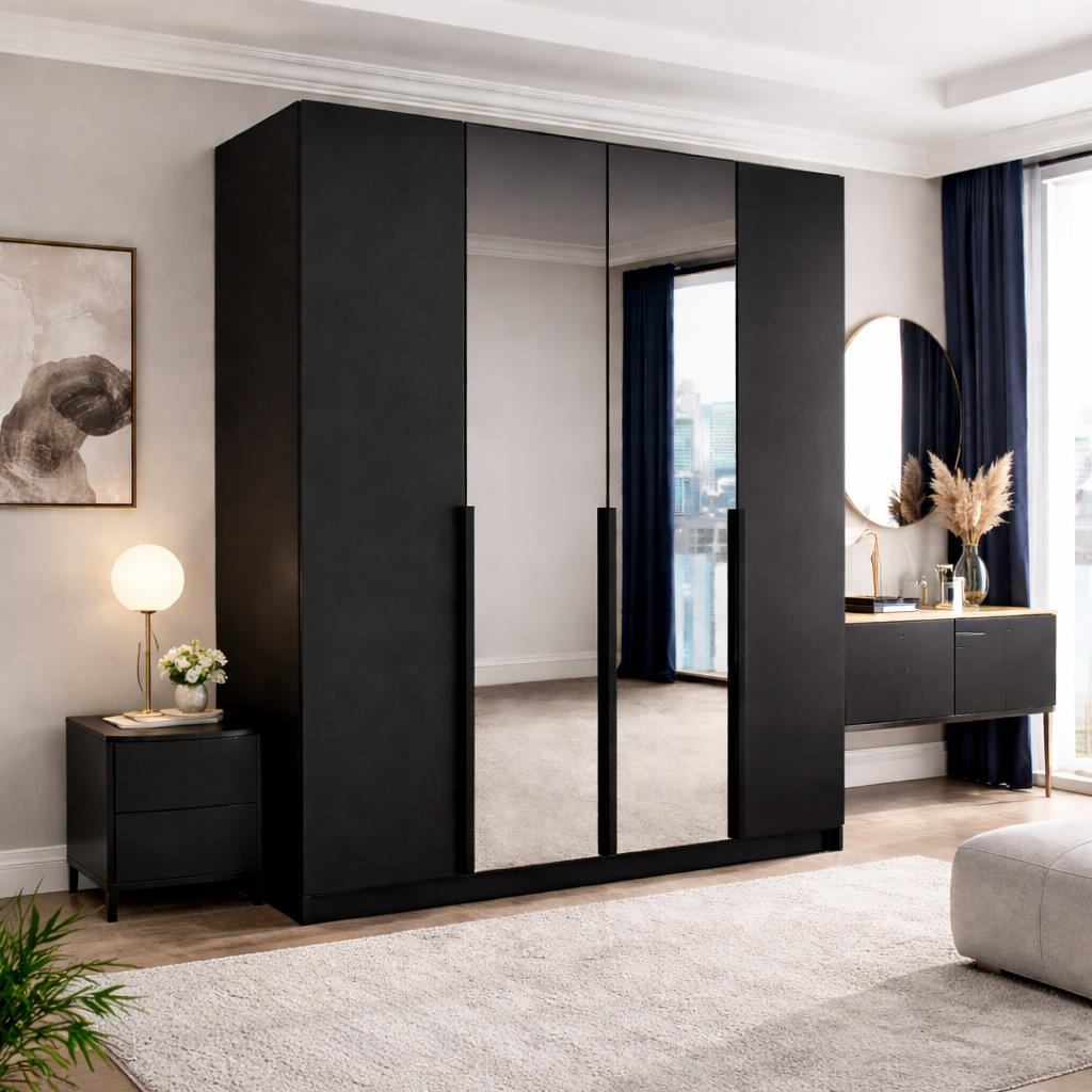 Szafa Uchylna 150cm 3-drzwiowa Czarna z Lustrem – Garderoba Milo Furniture