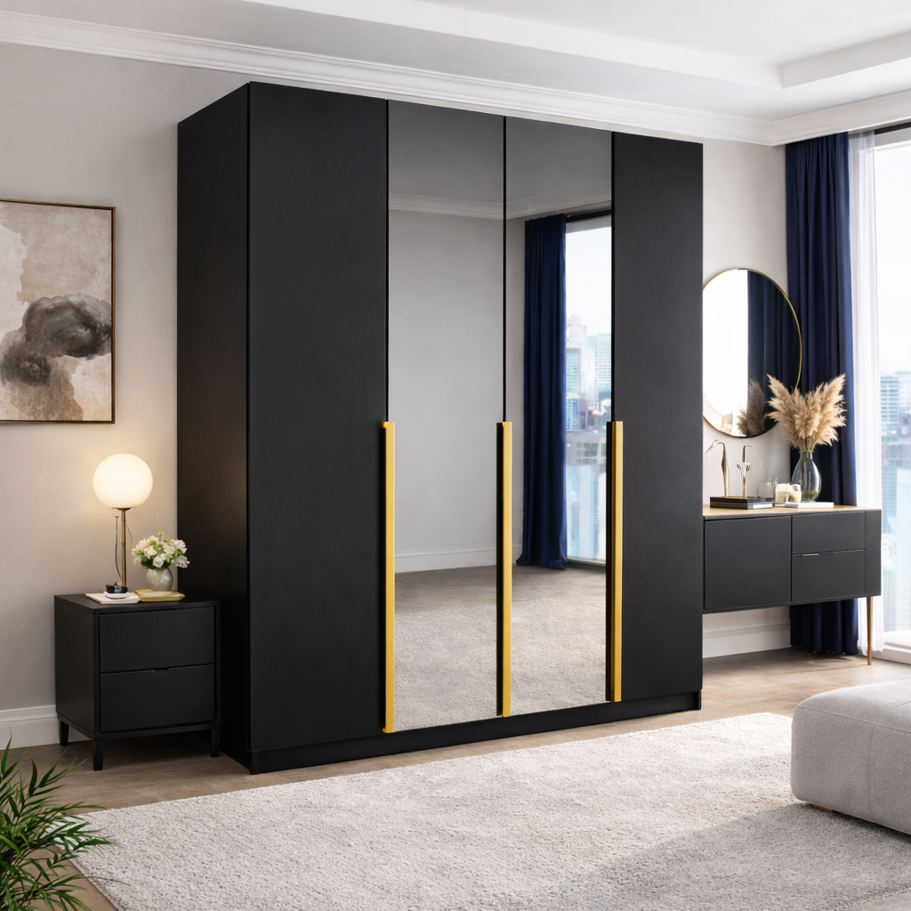 Szafa Uchylna 150cm 3-drzwiowa Czarna z Lustrem – Garderoba Milo Furniture