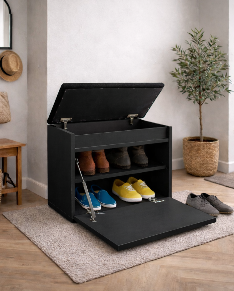 Czarna szafka na buty z siedziskiem i schowkiem do przedpokoju Lumo