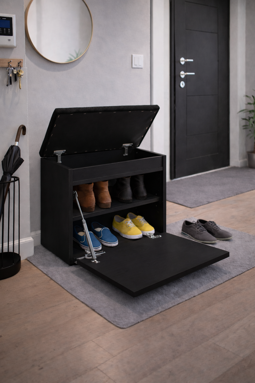 Czarna szafka na buty z siedziskiem i schowkiem do przedpokoju Lumo