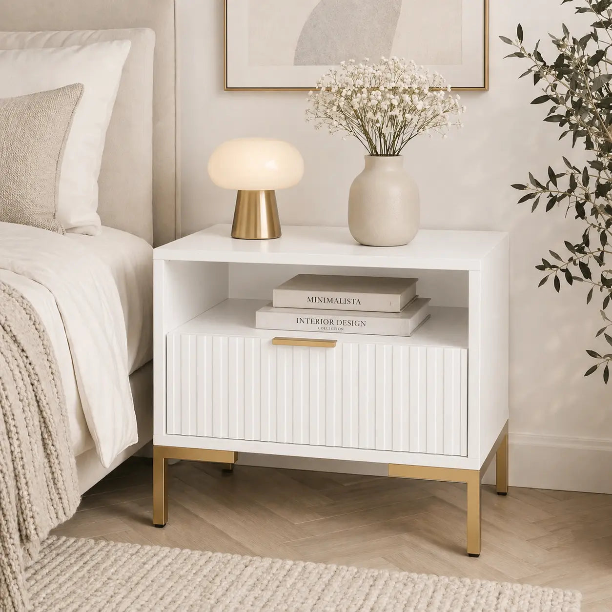 Szafka Nocna Biała Złote Nogi Ryflowana z Szufladą 42cm Milo Furniture