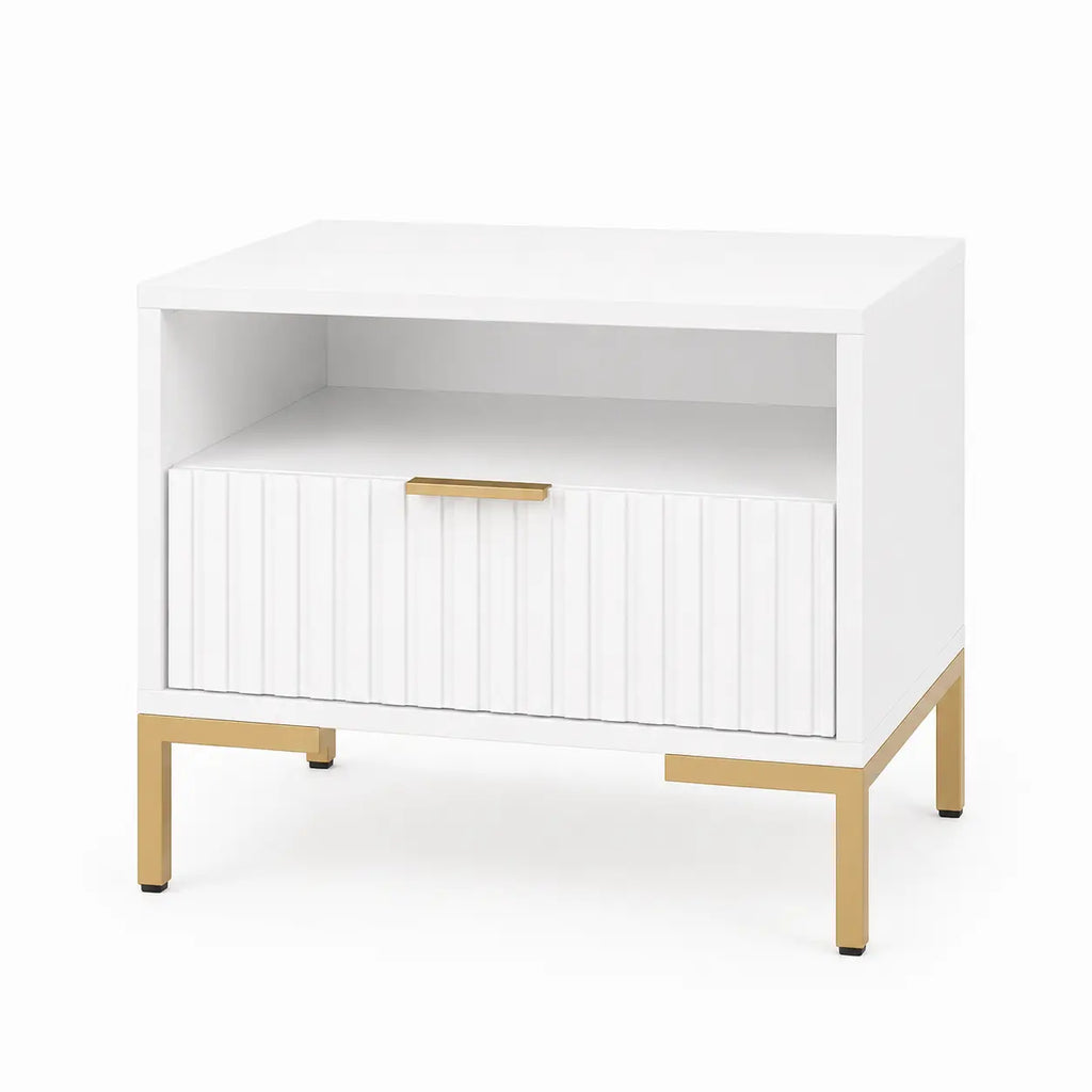 Szafka Nocna Biała Złote Nogi Ryflowana z Szufladą 42cm Milo Furniture