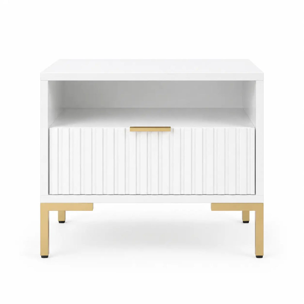 Szafka Nocna Biała Złote Nogi Ryflowana z Szufladą 42cm Milo Furniture
