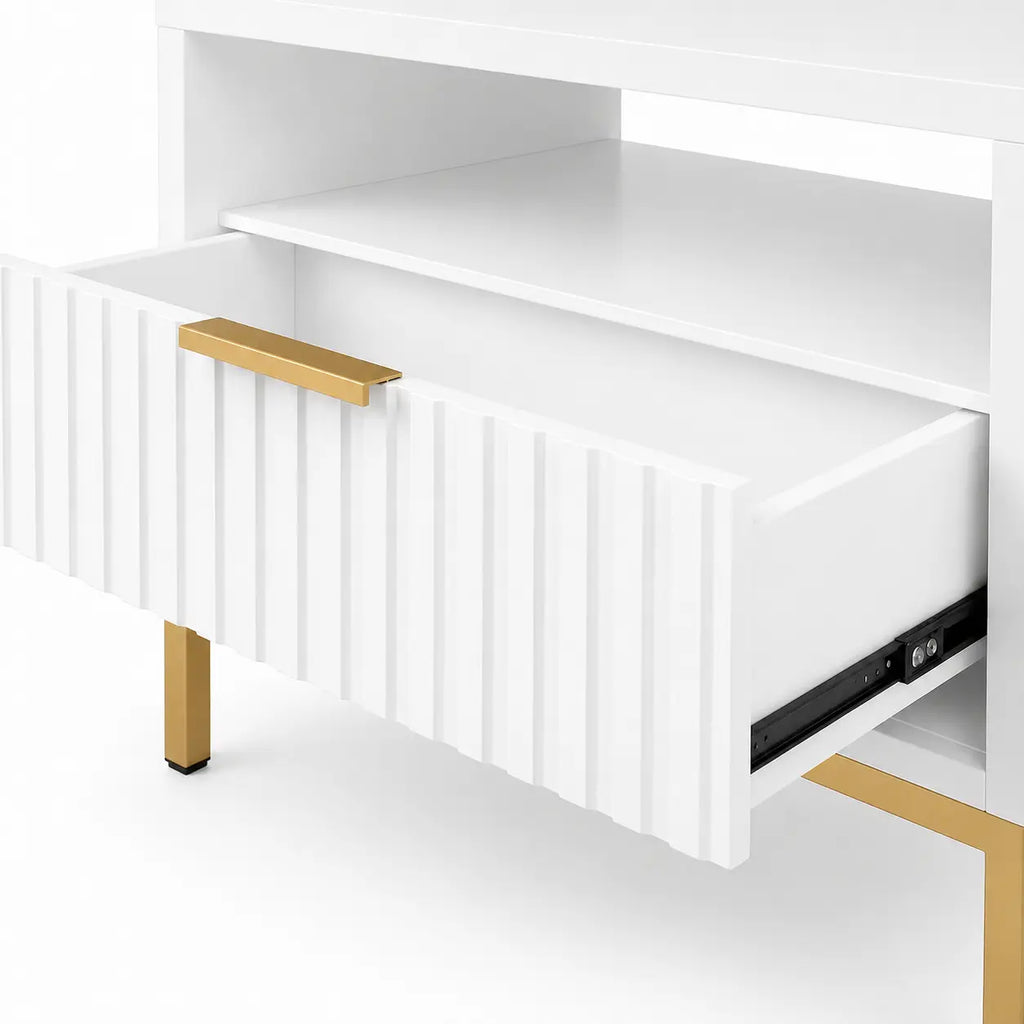 Szafka Nocna Biała Złote Nogi Ryflowana z Szufladą 42cm Milo Furniture