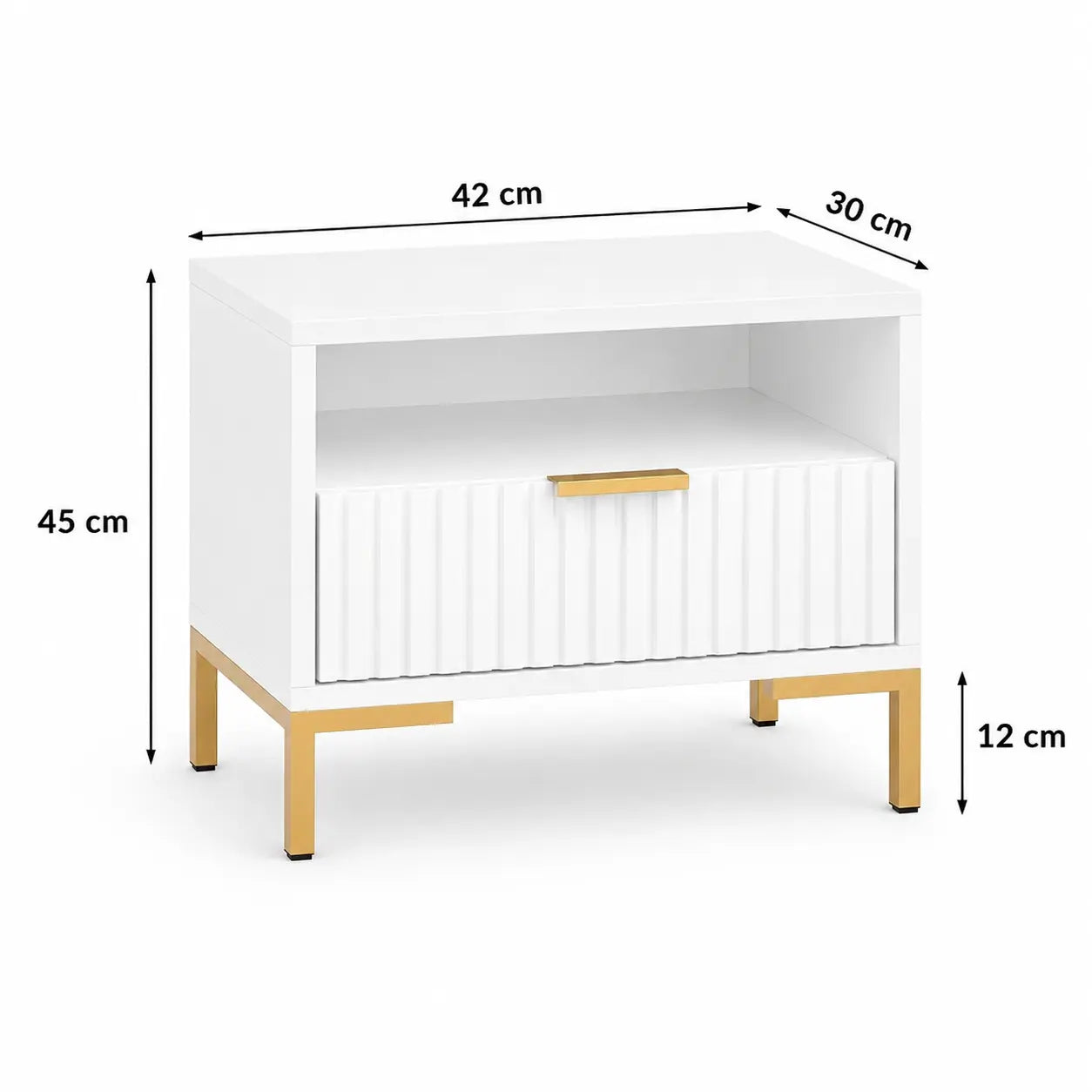 Szafka Nocna Biała Złote Nogi Ryflowana z Szufladą 42cm Milo Furniture