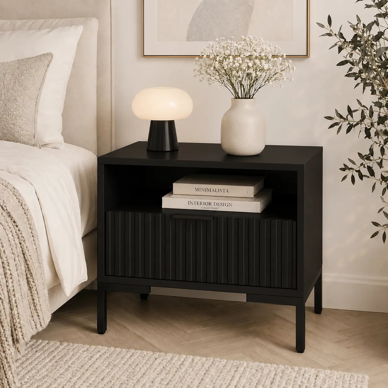 Szafka Nocna Czarna Czarne Nogi Ryflowana z Szufladą 42cm Milo Furniture