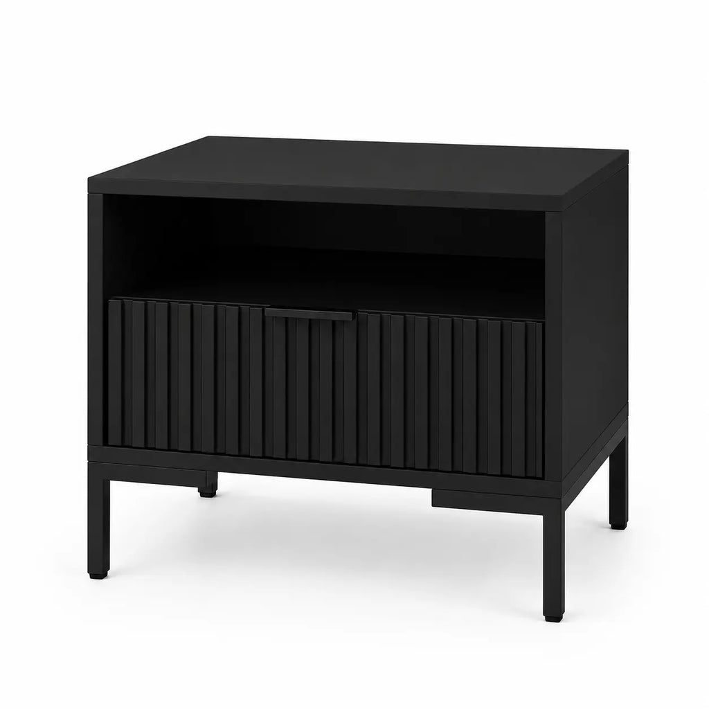 Szafka Nocna Czarna Czarne Nogi Ryflowana z Szufladą 42cm Milo Furniture