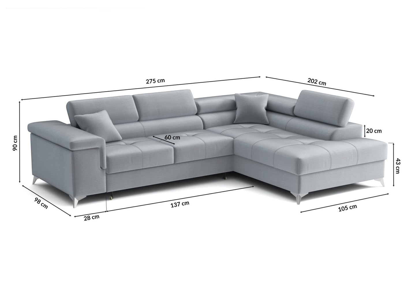 Rozkładany narożnik z funkcją spania i regulowanymi zagłówkami 275x202  – TALVARO