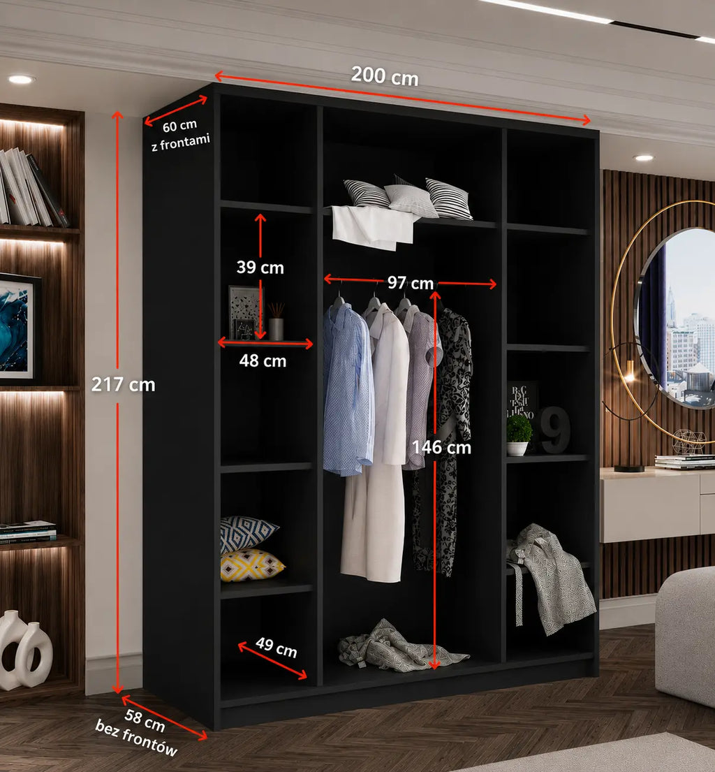 Szafa Uchylna  200cm Czarna / Dąb Okapi (Ciemne Drewno Orzechowe) TIZA –  Czarna Garderoba 4-drzwiowa Milo Furniture