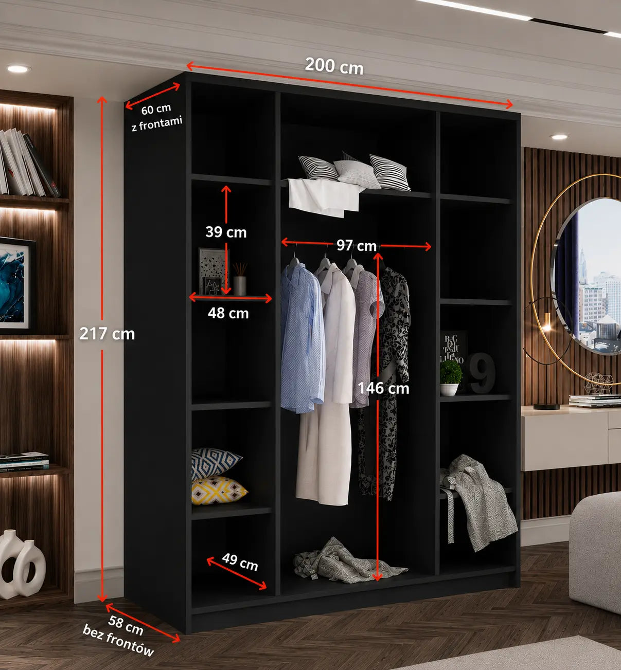 Szafa Uchylna  200cm Czarna / Dąb Okapi (Ciemne Drewno Orzechowe) TIZA –  Czarna Garderoba 4-drzwiowa Milo Furniture