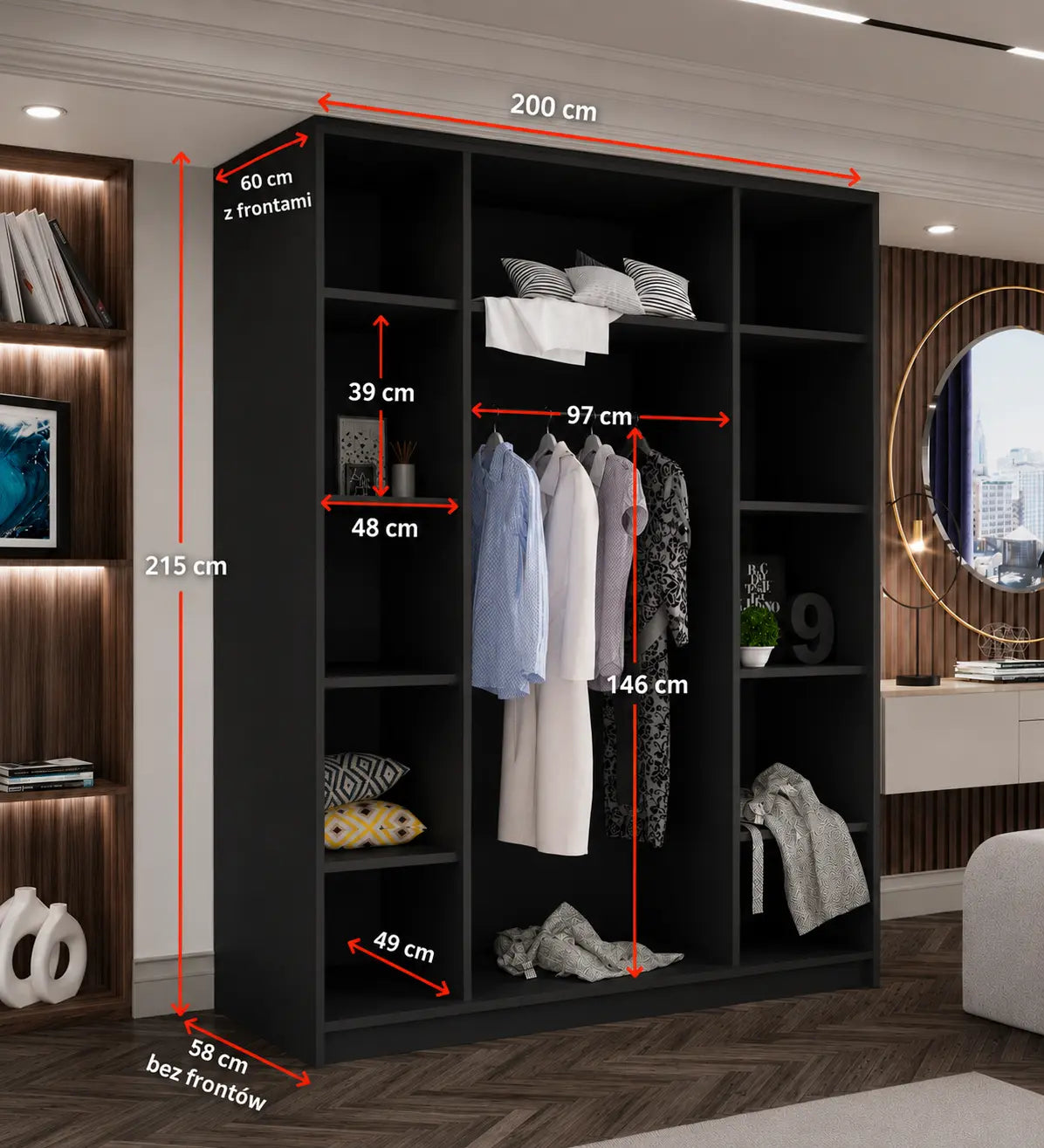 Szafa Uchylna 200cm z Lustrem Czarna – Duża Garderoba do Sypialni Milo Furniture