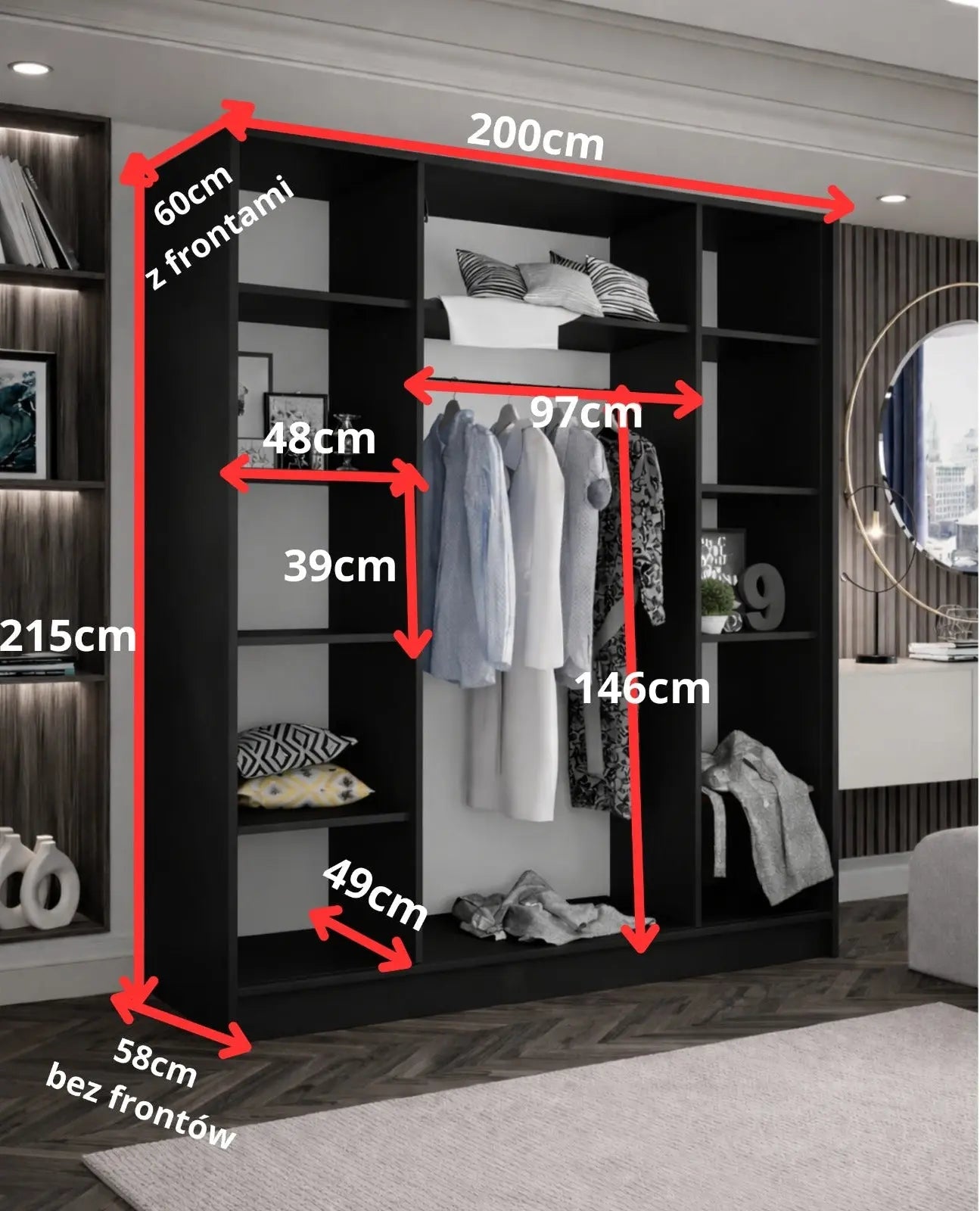 Szafa Uchylna Kaszmir/Czarna 200cm TIZA Duża Garderoba Milo Furniture