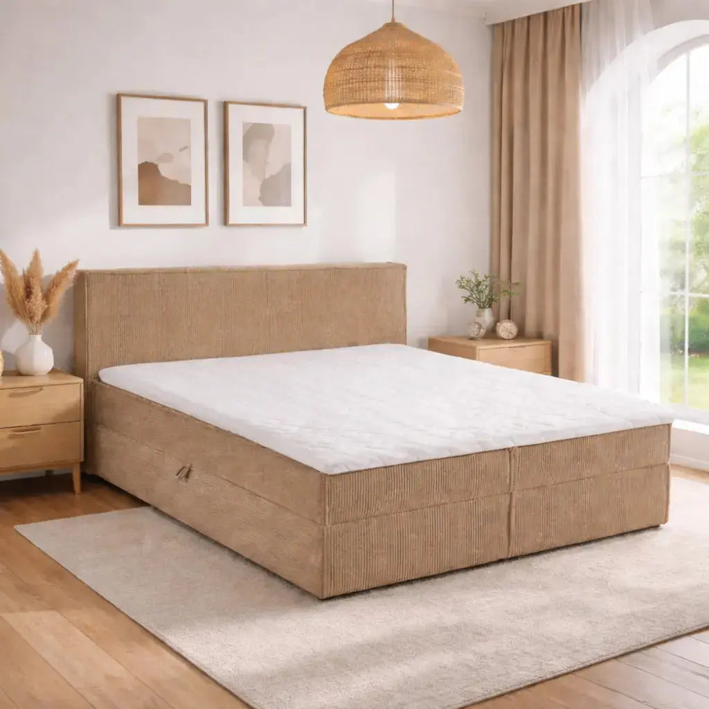 Łóżko Tapicerowane NELI z Pojemnikiem 120–200x200 POSO + Materac Nowoczesne Komfortowe Milo Furniture