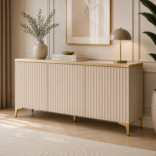 Komoda Trzydrzwiowa 150cm Kaszmir – Ryflowane Fronty i Złote Dodatki Milo Furniture