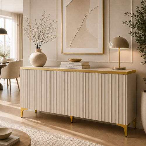 Komoda Trzydrzwiowa 150cm Kaszmir – Ryflowane Fronty i Złote Dodatki Milo Furniture