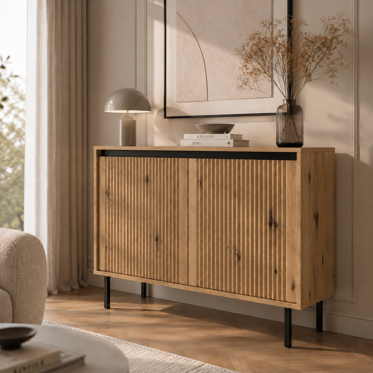 Komoda Dwudrzwiowa OSAKA 100cm Dąb Evoke – Ryflowane Fronty
