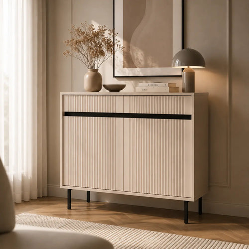 Komoda Dwudrzwiowa OSAKA 100cm Beż Piaskowy – Ryflowana z Szufladami Milo Furniture