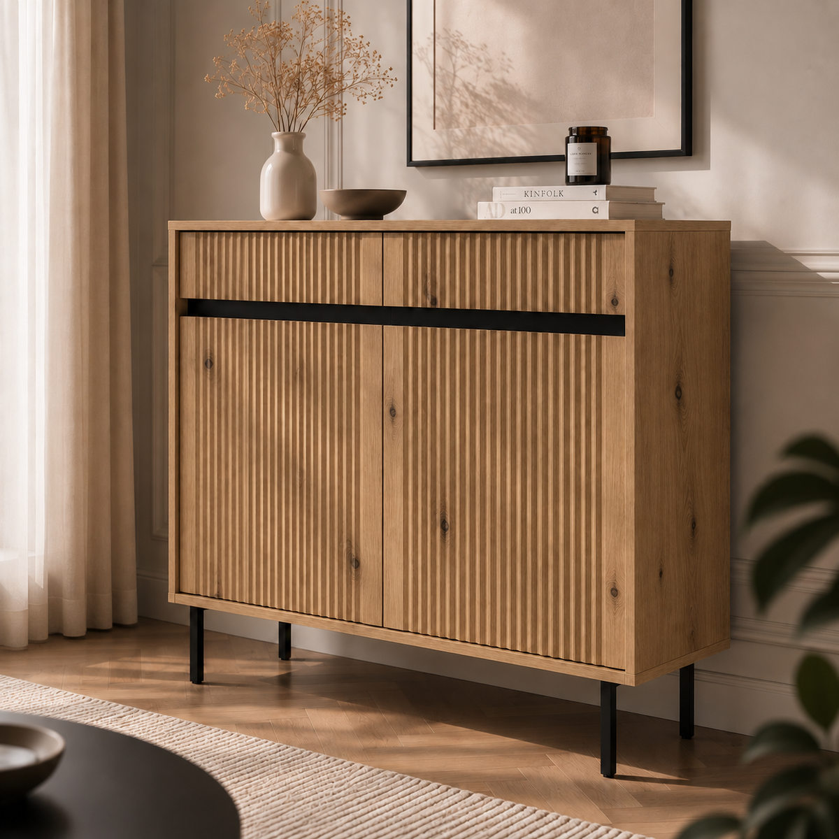 Komoda Dwudrzwiowa OSAKA 100cm Dąb Evoke – Ryflowana z Szufladami