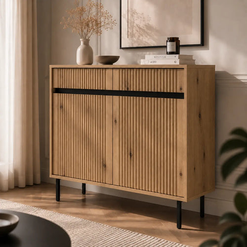 Komoda Dwudrzwiowa OSAKA 100cm Dąb Evoke – Ryflowana z Szufladami Milo Furniture