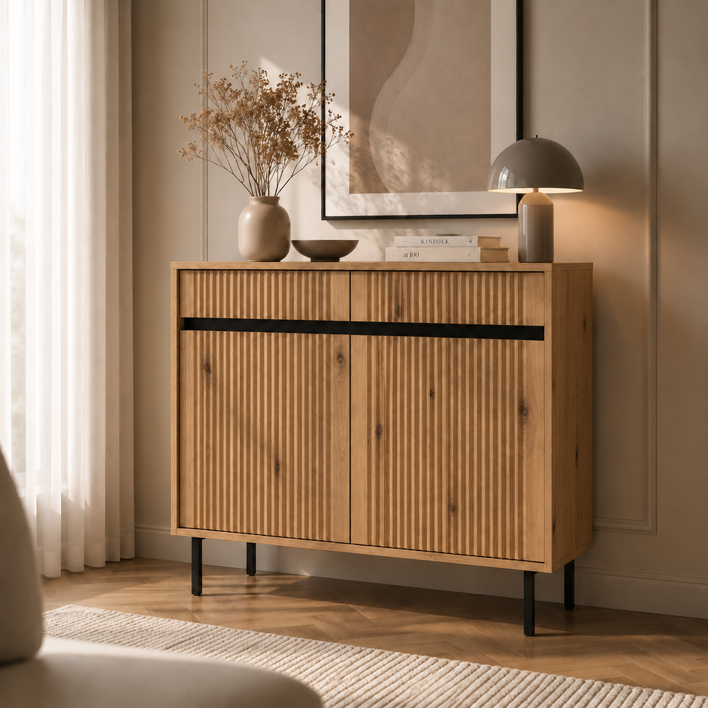 Komoda Dwudrzwiowa OSAKA 100cm Dąb Evoke – Ryflowana z Szufladami