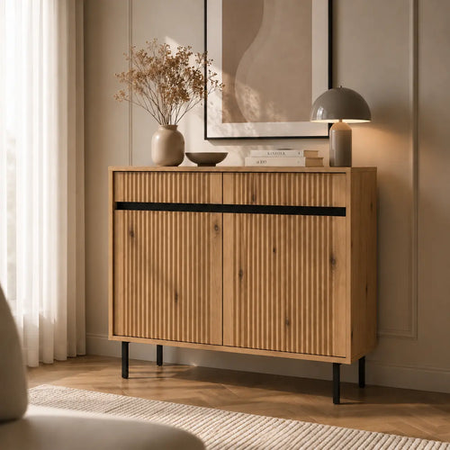 Komoda Dwudrzwiowa OSAKA 100cm Dąb Evoke – Ryflowana z Szufladami Milo Furniture