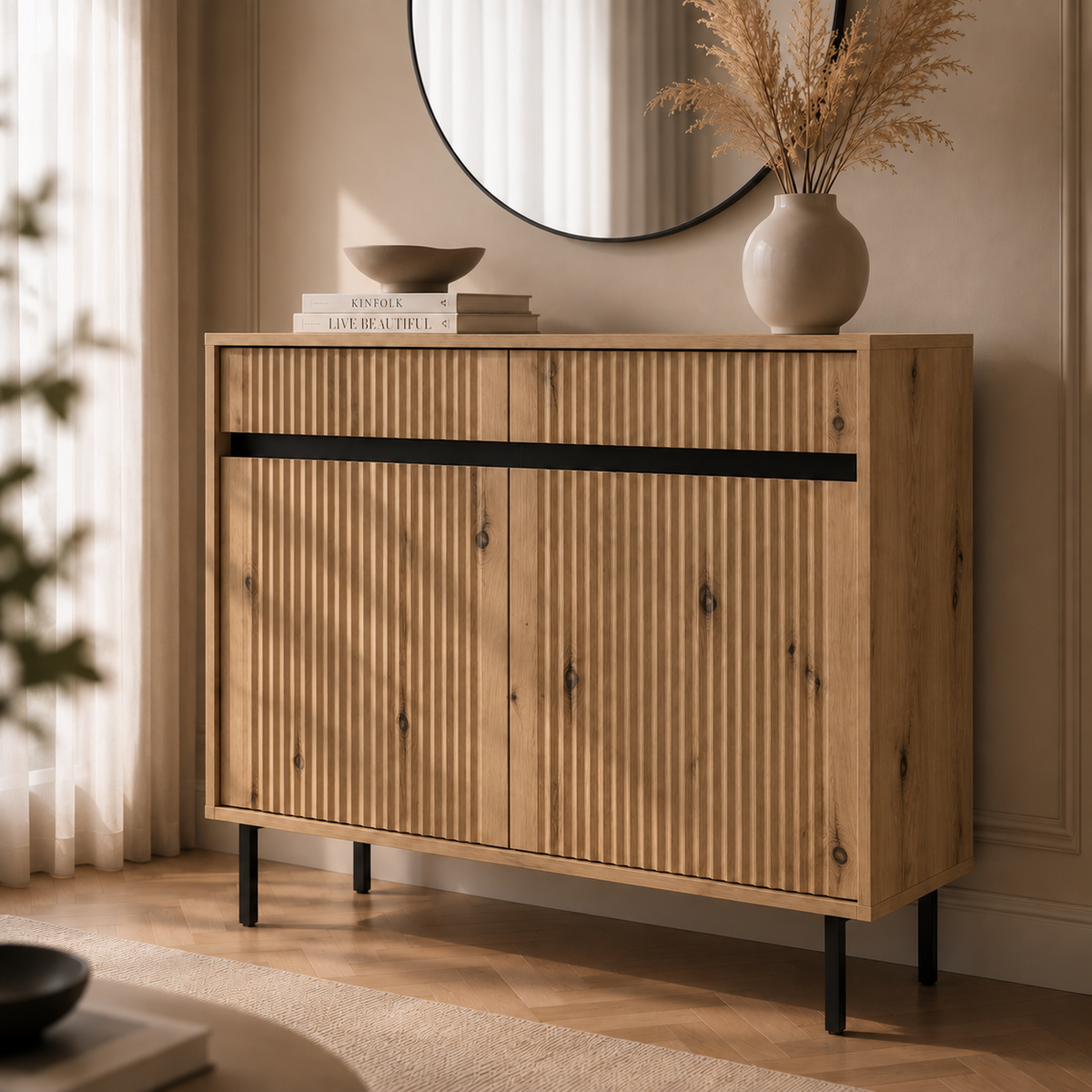 Komoda Dwudrzwiowa OSAKA 100cm Dąb Evoke – Ryflowana z Szufladami