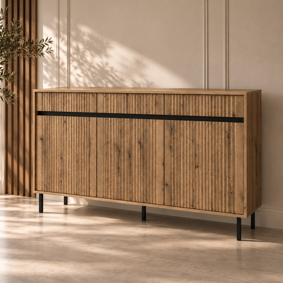 Komoda Trzydrzwiowa OSAKA 150cm Dąb Evoke – Ryflowana z Szufladami