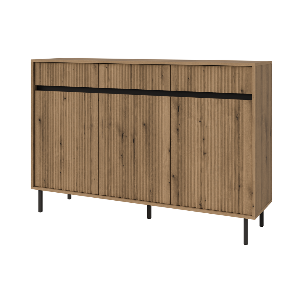 Komoda Trzydrzwiowa OSAKA 150cm Dąb Evoke – Ryflowana z Szufladami