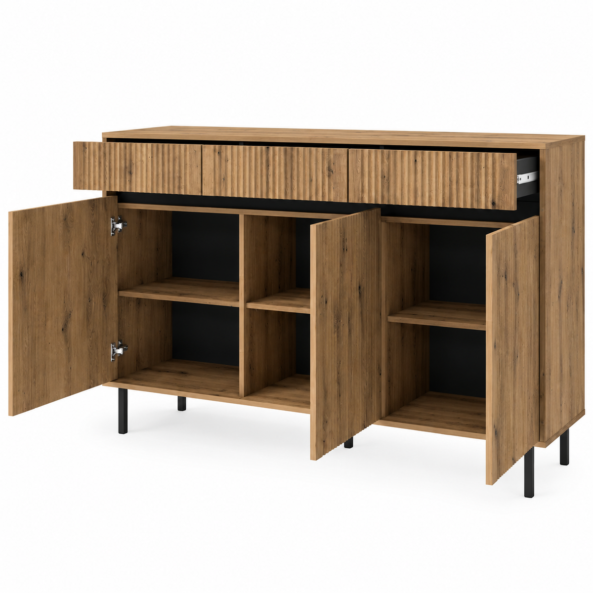 Komoda Trzydrzwiowa OSAKA 150cm Dąb Evoke – Ryflowana z Szufladami