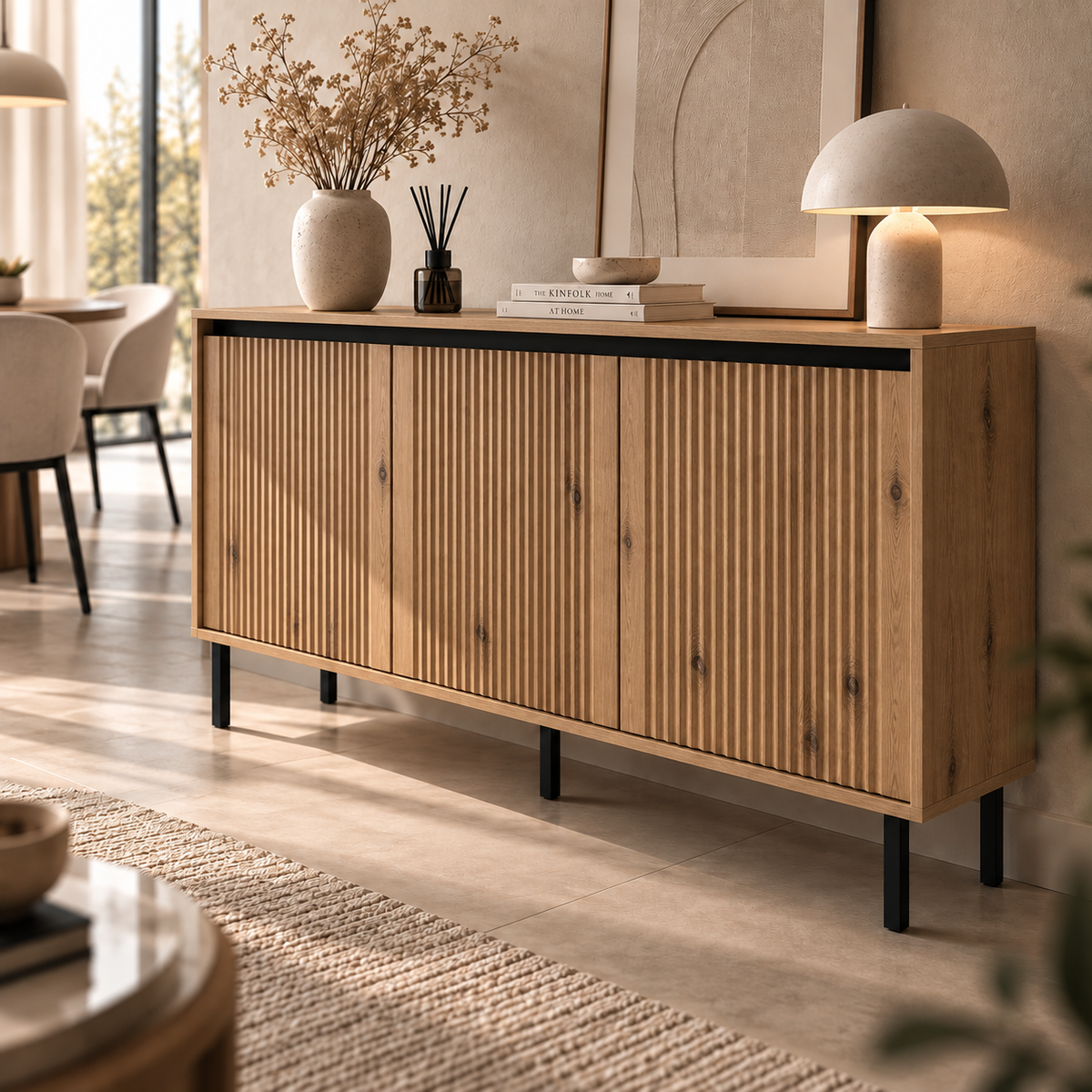 Komoda Trzydrzwiowa OSAKA 150cm Dąb Evoke – Ryflowane Fronty