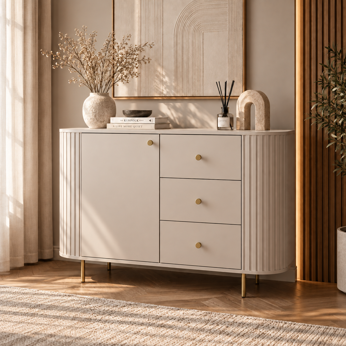 Komoda OVALIO 123cm Beż Piaskowy – Ryflowana ze Złotymi Detalami