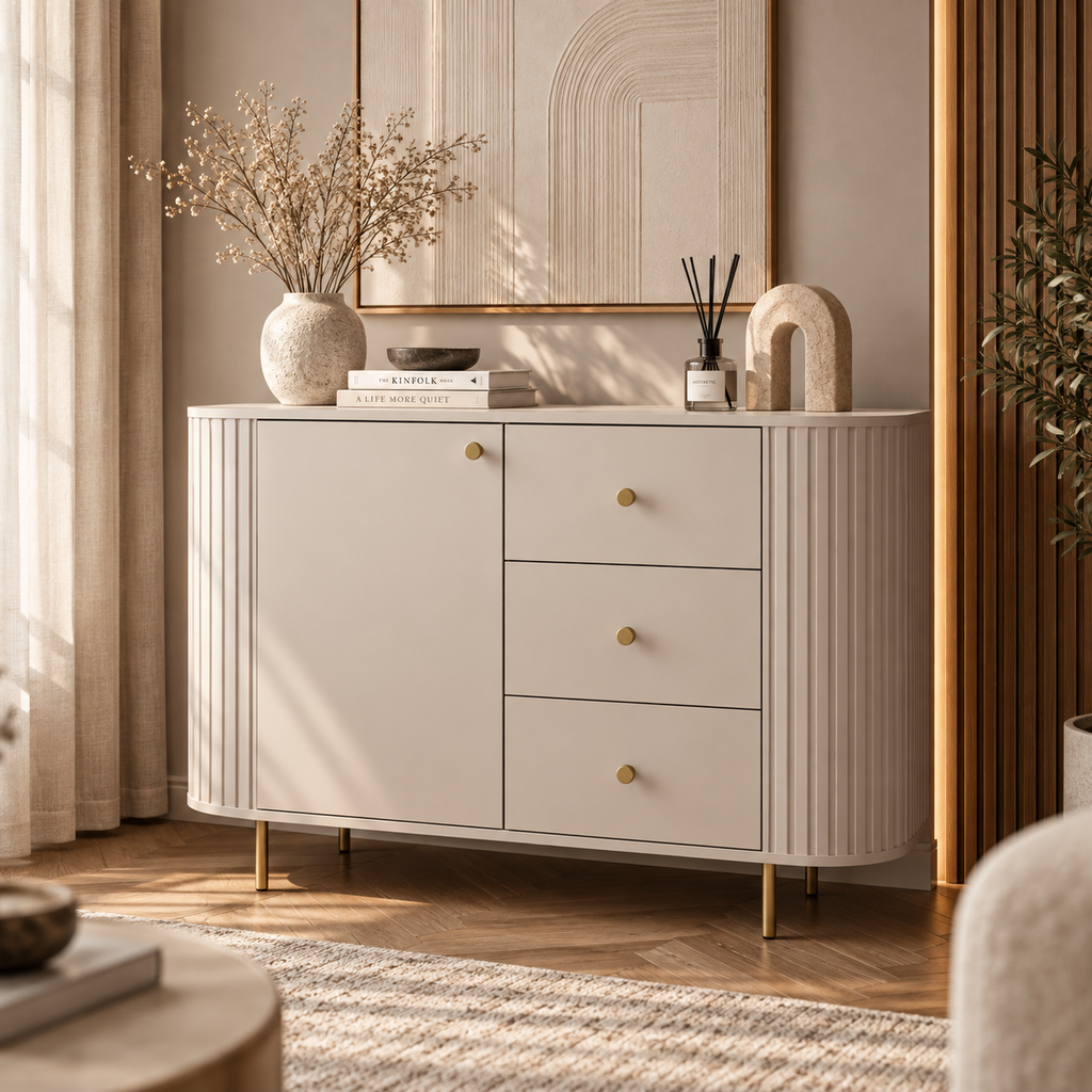 Komoda OVALIO 123cm Beż Piaskowy – Ryflowana ze Złotymi Detalami