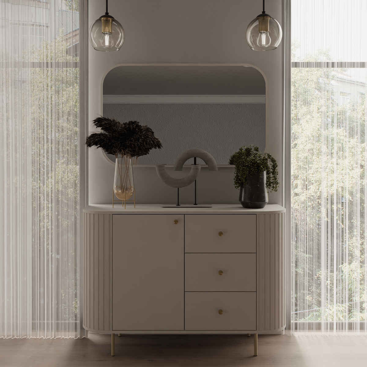 Komoda OVALIO 123cm Beż Piaskowy – Ryflowana ze Złotymi Detalami