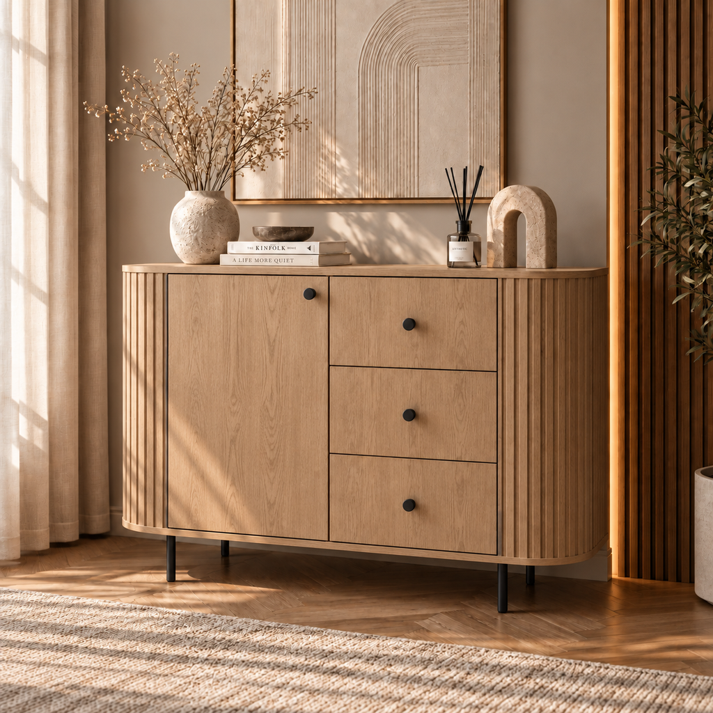Komoda OVALIO 123cm Dąb Cremona – Ryflowana z Czarnymi Detalami