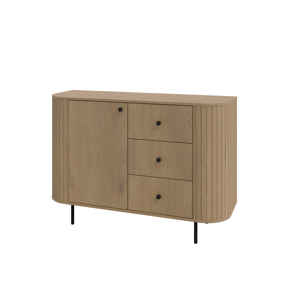 Komoda OVALIO 123cm Dąb Cremona – Ryflowana z Czarnymi Detalami