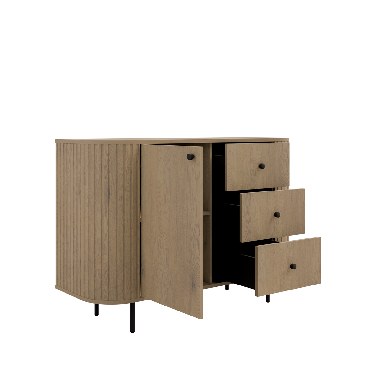 Komoda OVALIO 123cm Dąb Cremona – Ryflowana z Czarnymi Detalami