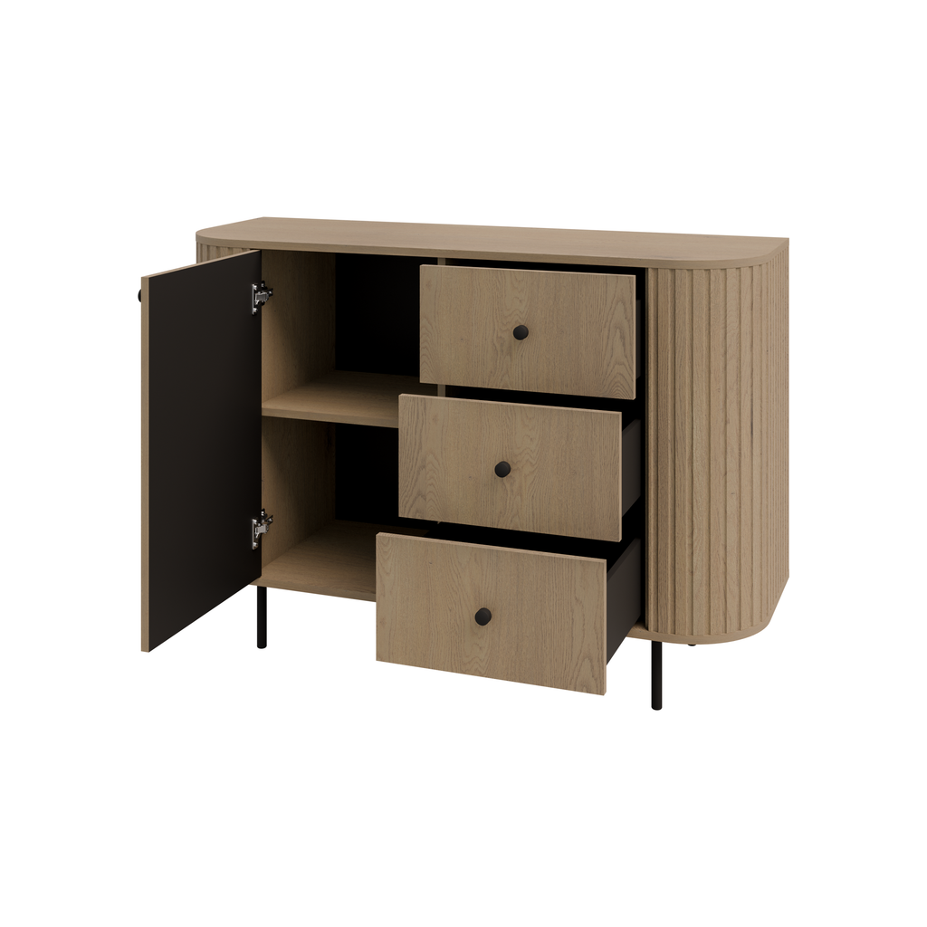 Komoda OVALIO 123cm Dąb Cremona – Ryflowana z Czarnymi Detalami