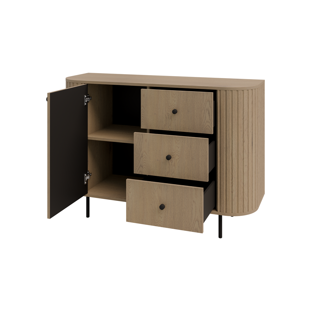 Komoda OVALIO 123cm Dąb Cremona – Ryflowana z Czarnymi Detalami