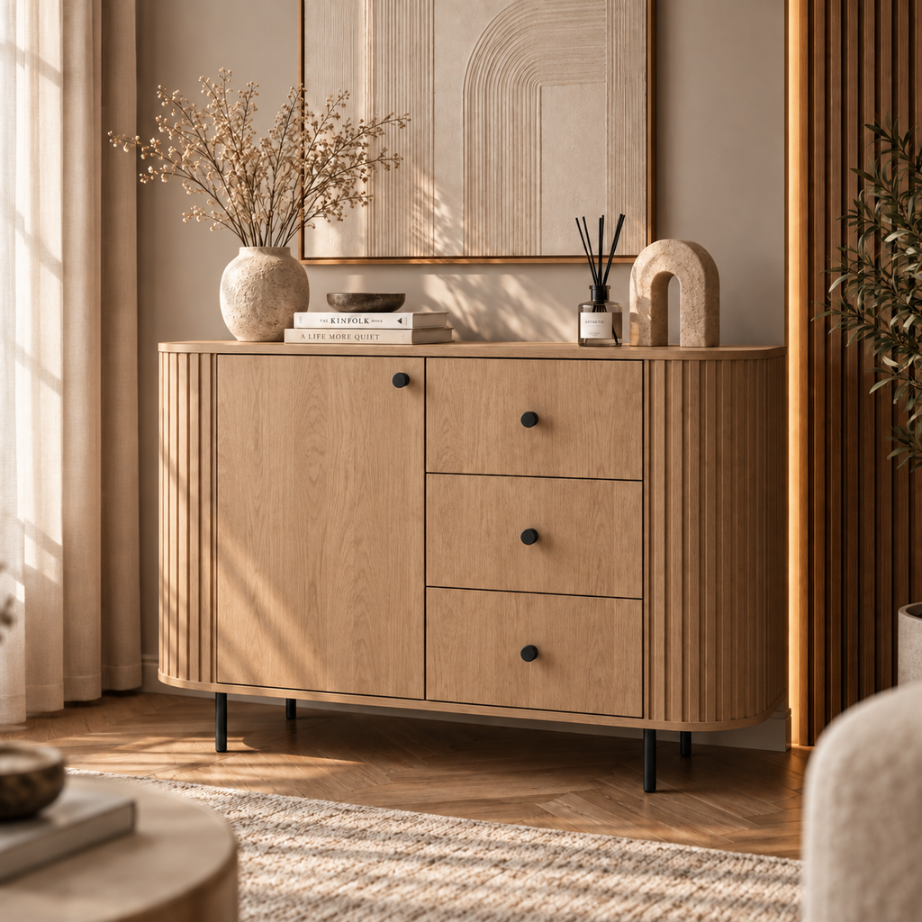 Komoda OVALIO 123cm Dąb Cremona – Ryflowana z Czarnymi Detalami