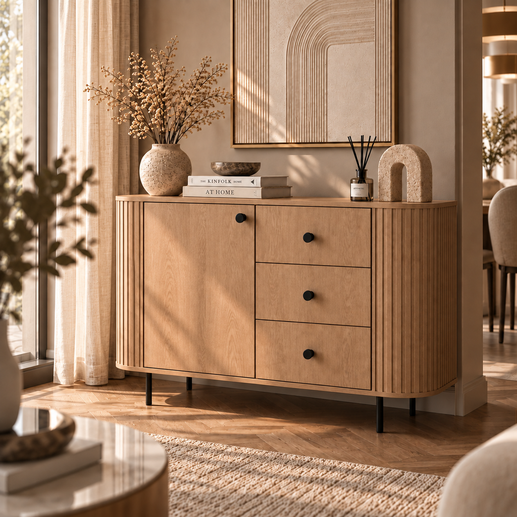 Komoda OVALIO 123cm Dąb Cremona – Ryflowana z Czarnymi Detalami