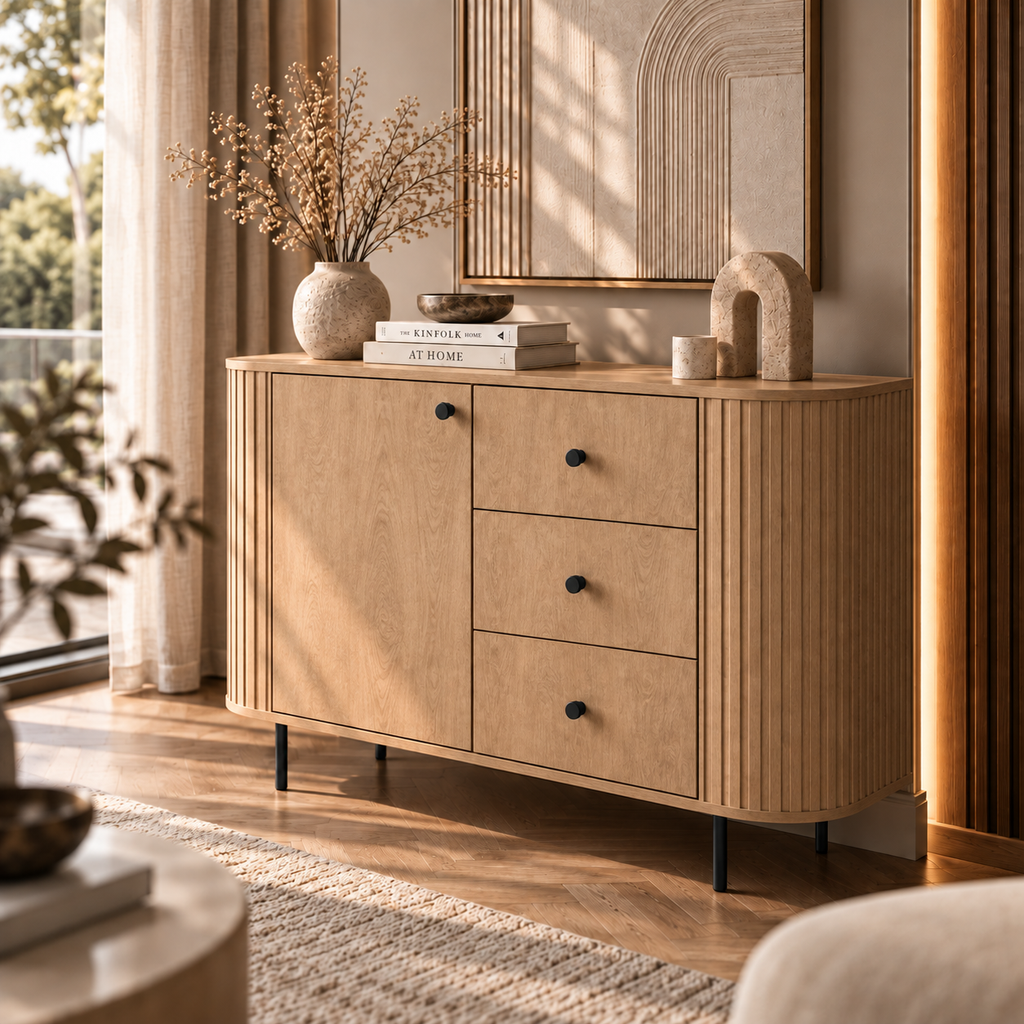Komoda OVALIO 123cm Dąb Cremona – Ryflowana z Czarnymi Detalami