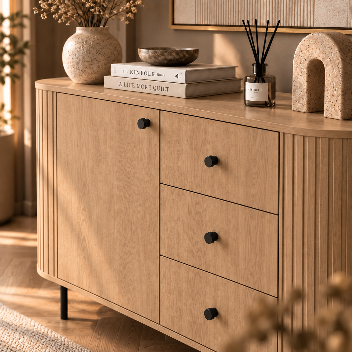 Komoda OVALIO 123cm Dąb Cremona – Ryflowana z Czarnymi Detalami