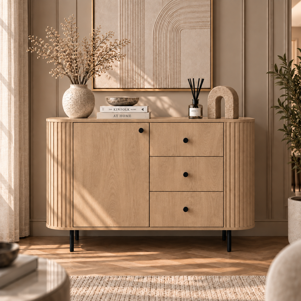 Komoda OVALIO 123cm Dąb Cremona – Ryflowana z Czarnymi Detalami