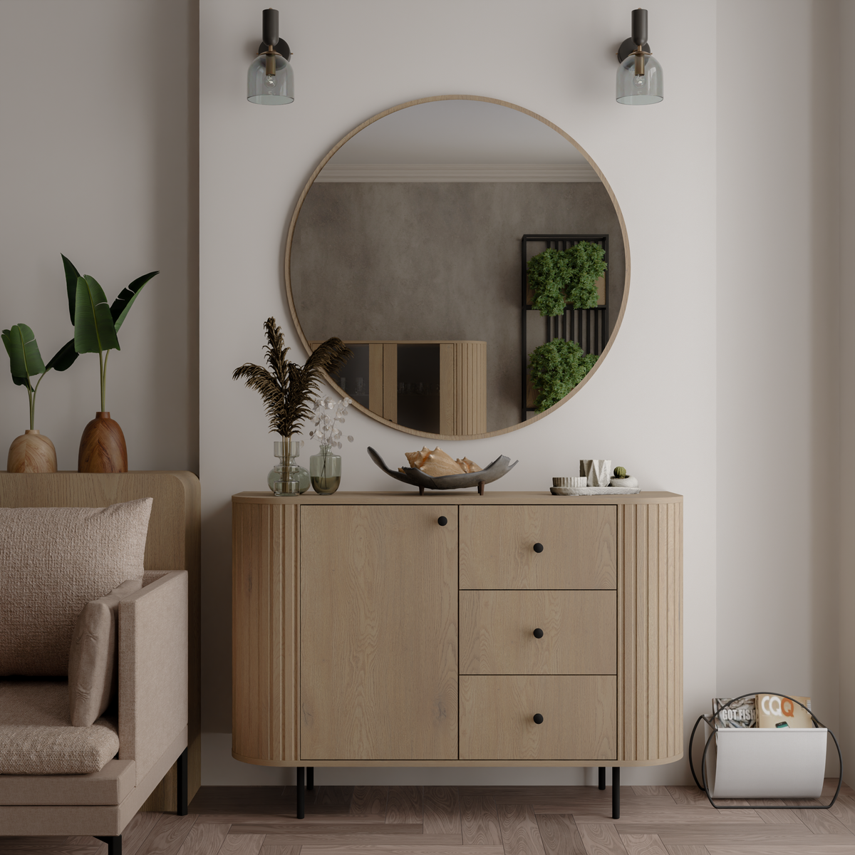 Komoda OVALIO 123cm Dąb Cremona – Ryflowana z Czarnymi Detalami