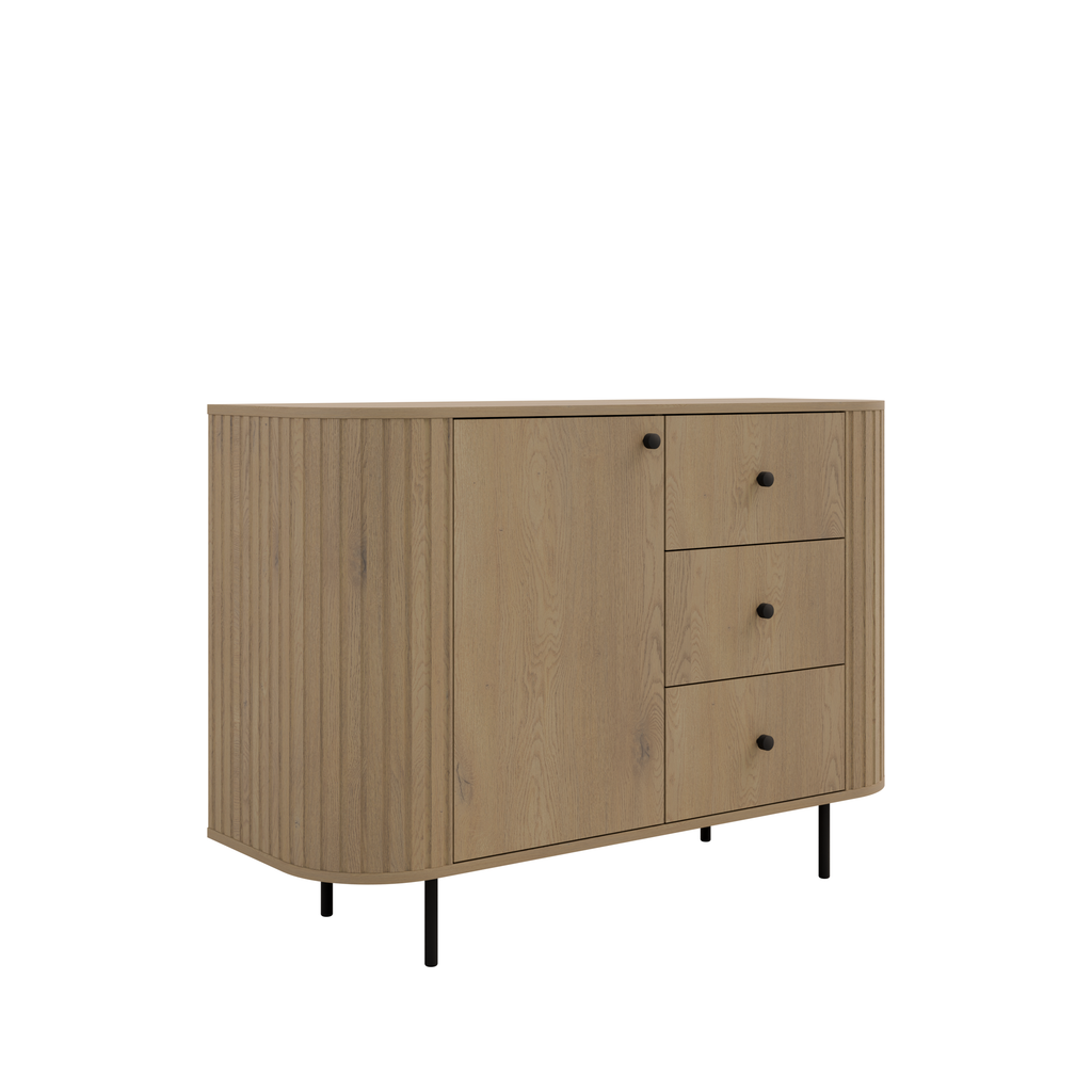 Komoda OVALIO 123cm Dąb Cremona – Ryflowana z Czarnymi Detalami
