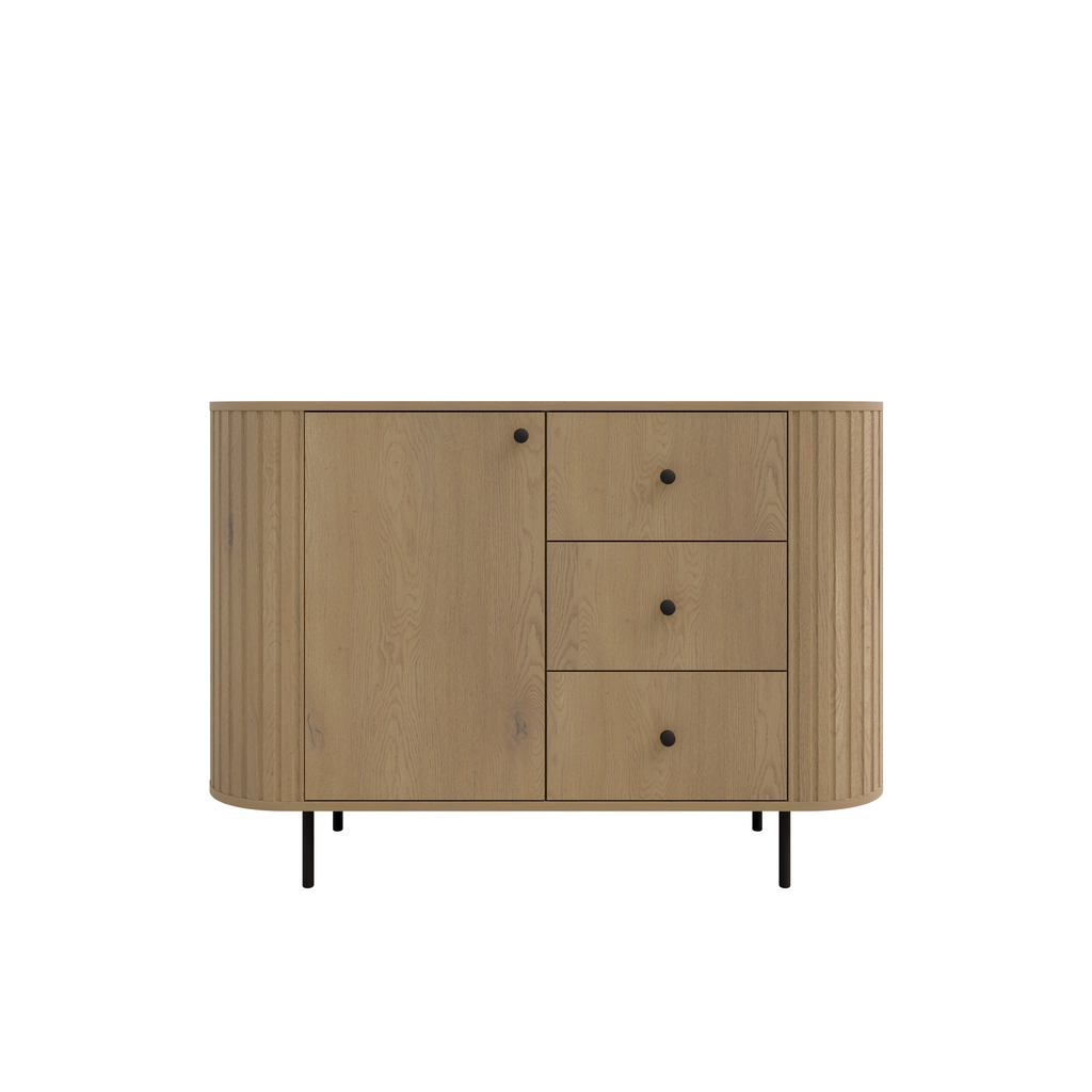 Komoda OVALIO 123cm Dąb Cremona – Ryflowana z Czarnymi Detalami