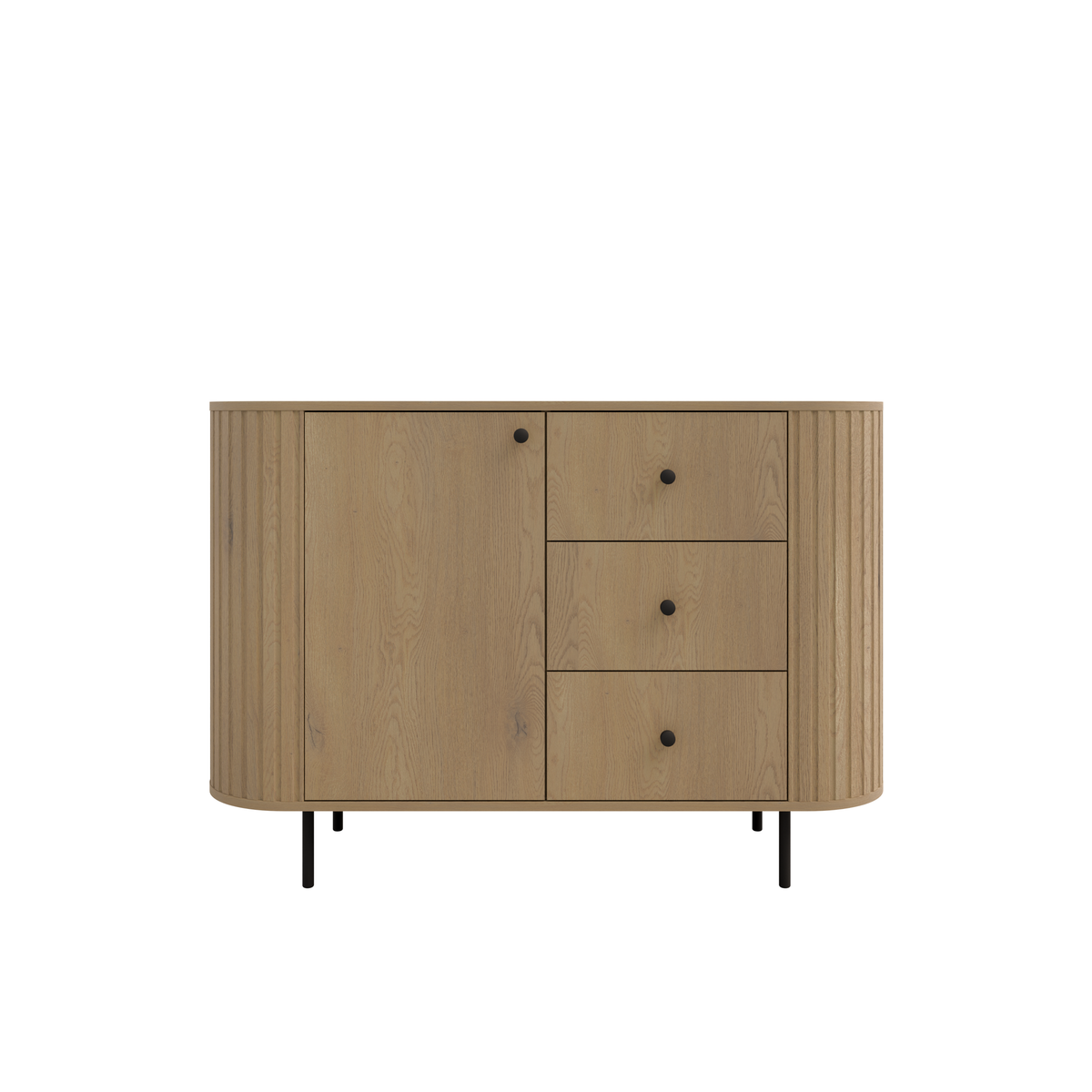 Komoda OVALIO 123cm Dąb Cremona – Ryflowana z Czarnymi Detalami