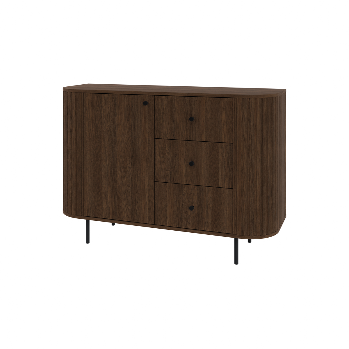 Komoda OVALIO 123cm Dąb Dunin – Ryflowana z Czarnymi Detalami