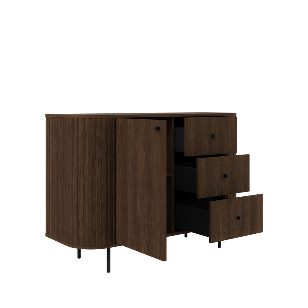 Komoda OVALIO 123cm Dąb Dunin – Ryflowana z Czarnymi Detalami
