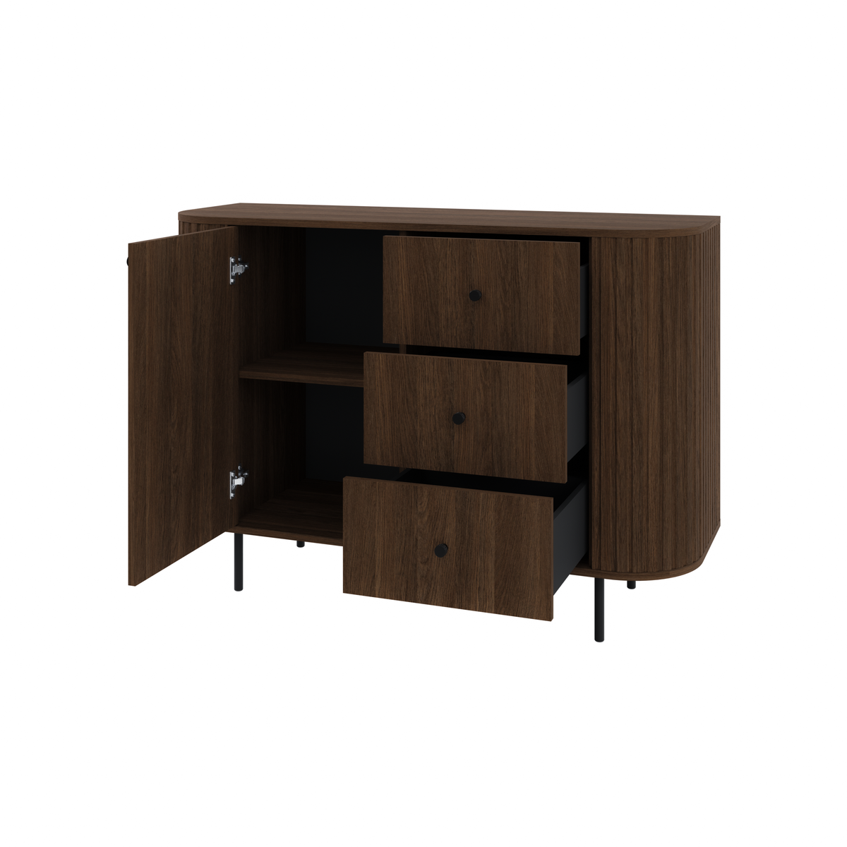 Komoda OVALIO 123cm Dąb Dunin – Ryflowana z Czarnymi Detalami